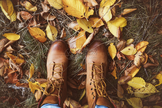 靴子踩在秋叶上图片