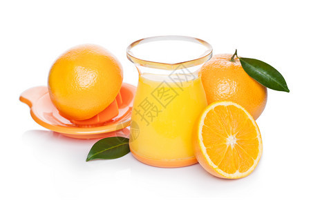 新鲜皮橙子加果汁挤压罐白底叶图片