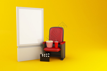 3d插图空白招牌电影锁板爆米花和黄色背景的饮料电影概念图片