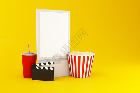 3d插图空白招牌电影锁板爆米花和黄色背景的饮料电影概念图片