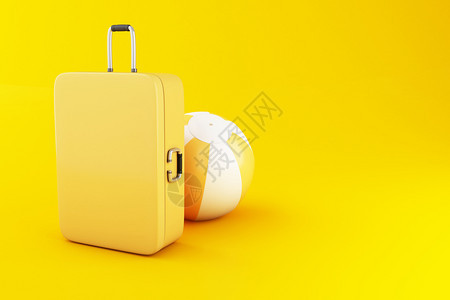 3d说明旅行李箱和黄色背景的海滩球旅行和夏季概念图片