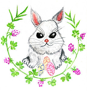 可爱的彩色东方兔子手画的插图图片