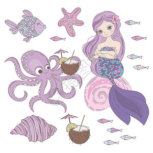 章鱼美人鱼在水下矢量插图插画