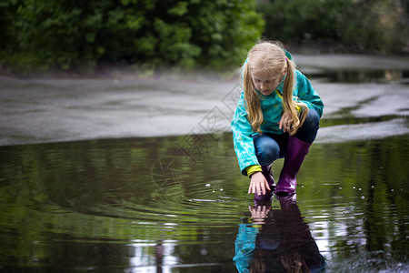 女孩在雨天水坑里玩图片