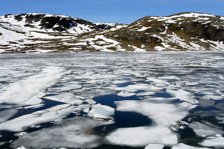 高山湖覆盖着游泳冰流图片
