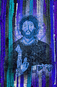 闪亮彩色鲜艳的蓝紫织物纹理背景现代基督宗教艺术形象图片
