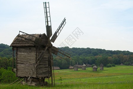 草坪上的老木制风厂图片