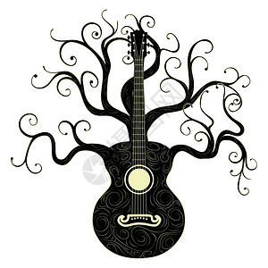 古老的吉他背影树枝插图图片