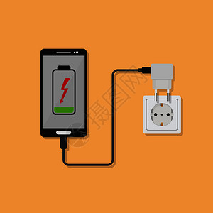 手机电源智能手机从家庭电源供应的出入口充电在智能手机屏幕上充电水平插画