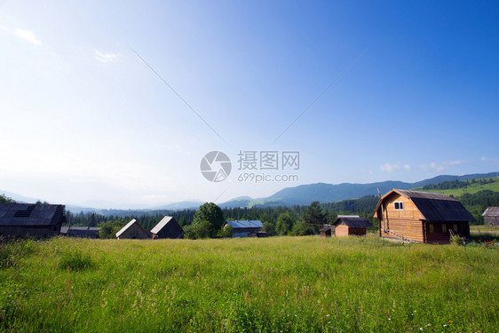 山上草的木屋和前方的花朵图片