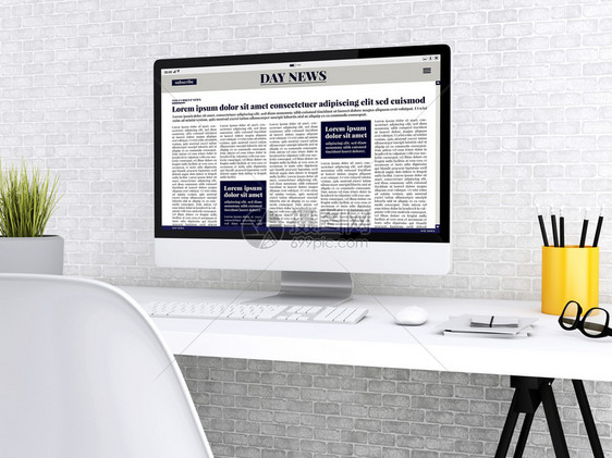 3d插图现代工作空间电脑屏幕上的数字报纸媒体和技术概念图片