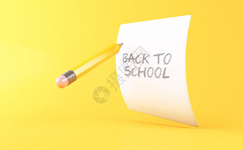 3d说明黄色铅笔和纸页上面有以黄色背景返回学校的文字教育概念图片