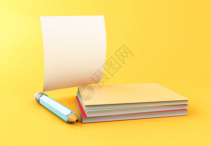 3d说明黄色铅笔和纸页有黄色背景的文本毕业生教育概念图片