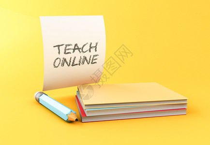 3d插图黄色背景上有一堆五颜六色的书铅笔和一张纸教育理念图片