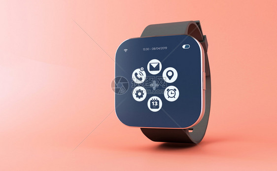3d插图智能手表和粉红色背景的应用程序图标技术概念图片