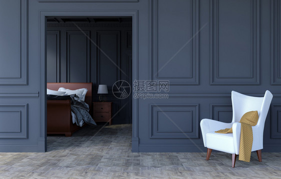 现代古典设计中的室内豪卧用手椅和在空墙上复制间3D图片
