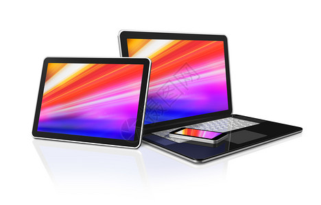 白色背景上隔离的笔记本电脑平板和话模拟装置带有彩色屏幕3d化为膝上型电脑平板和话模拟装置白面隔离化为图片