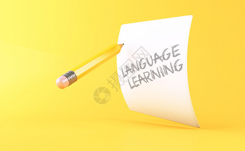 3d说明黄铅笔和纸页上面有黄色背景的文字学习语言概念图片
