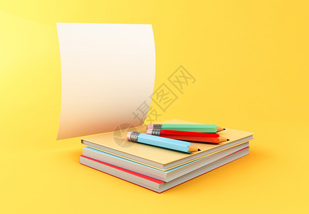 3d说明黄色铅笔和纸页有黄色背景的文本毕业生教育概念图片
