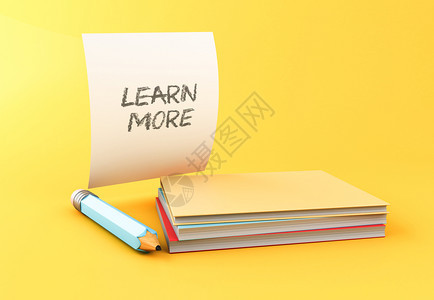 3d说明关于黄色背景的丰富多彩书籍铅笔和纸页教育概念图片