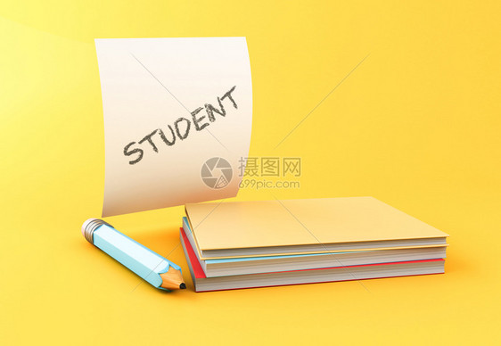 3d说明藏有丰富多彩的书籍铅笔和纸页上面有学生文字的黄色背景教育概念图片