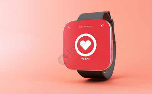 3d插图智能手表和心脏图标在粉红色背景的屏幕界面上技术概念图片