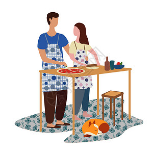 家庭烹饪周末家庭气氛平板病媒说明妇女和男子一起做披萨图片