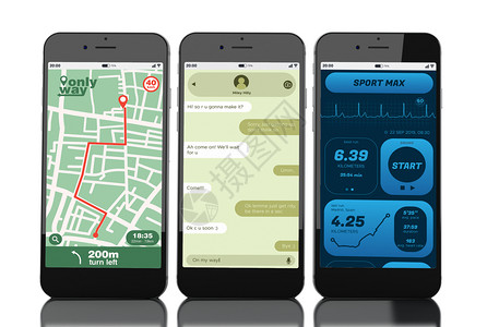 3d插图具有不同移动应用程序屏幕的智能手机包括gps社交媒体和育应用程序孤立的白色背景图片