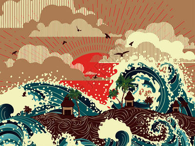 巨浪和热带岛屿房屋和棕榈树古老风格海报图片