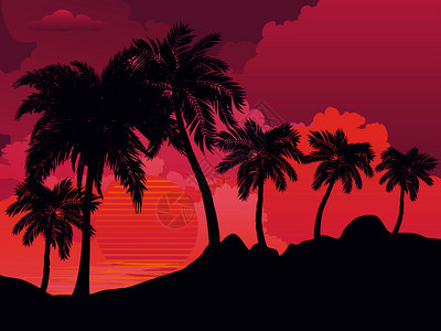 热带岛屿地貌日出背景的棕榈树图片