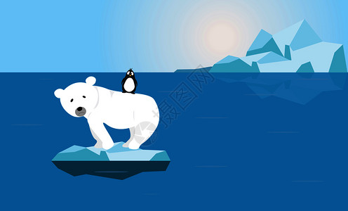 在一小块冰上站着的北极熊和企鹅矢量卡通插画图片