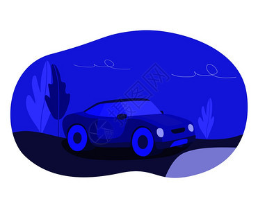 蓝色汽车在空旷的夜路上平面矢量插图图片