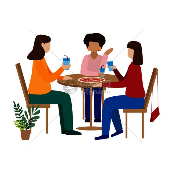 妇女坐在咖啡馆里玩得开心现代的公寓矢量设计图朋友喝咖啡和聊天图片