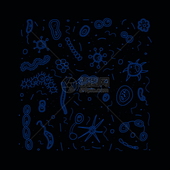 一组细菌胞荧光微生物收集矢量涂鸦风格成分图片