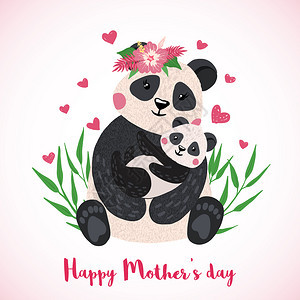 快乐的母亲日贺卡可爱的熊猫与婴儿手绘风格宝和母亲在一起托儿所的概念矢量说明快乐的母亲日贺卡与可爱的熊猫图片