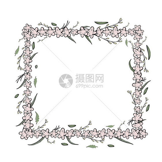 矢量字段花和树叶框手画样式组成图片