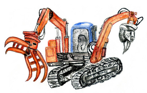 手工油漆的建筑车挖掘器或土机水彩色插图图片