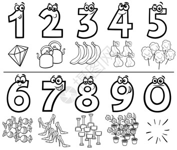 太一黑白卡通插图用彩色本子显示从一到九的教育数字插画