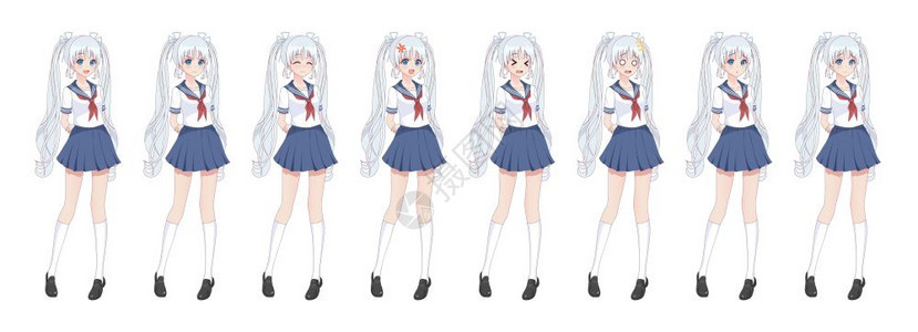 animeg女孩以日本风格的卡通人物穿水手西装的学校女孩蓝色裙子情绪图片
