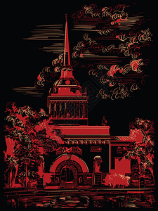 从花园的旧海军大厦前视线孤立的矢量手绘画用黑色背景的红标示插画