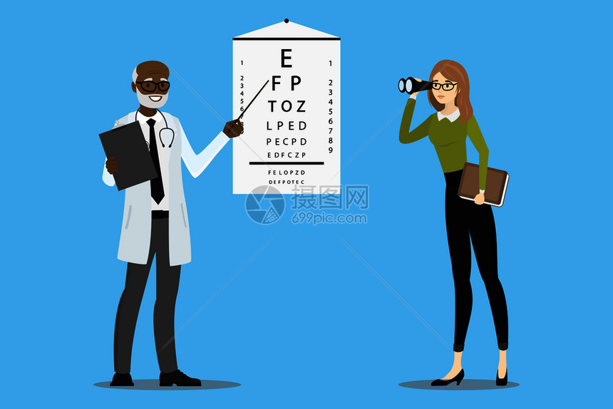 男医生观察视觉戴眼镜的病人透过望远镜卡通矢量图来观察医生视觉图片