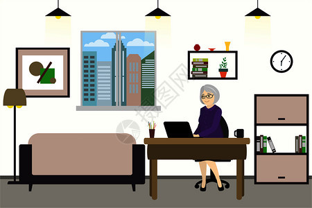 带笔记本电脑在家工作室内设计家具气压矢量插图在家或现代办公室工作的卡通商人图片