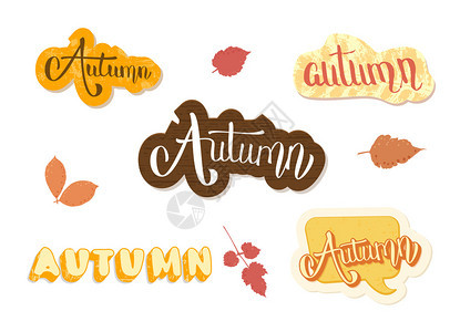 套装的秋季单词纹理标签手写字母带有装饰季节设计元素矢量图解图片