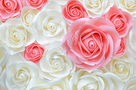 巨大的纸花大粉红色白色米黄色玫瑰牡丹纸制成粉彩纸背景图案可爱的风格瓦楞纸和eva泡沫纸制成的花图片