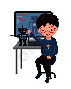 消防教室可爱的小男孩创造智能机器人并编程它孩子们的编程在白色背景