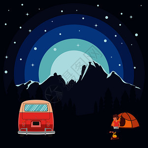 夏日露营大山附近的森林夜空插图图片