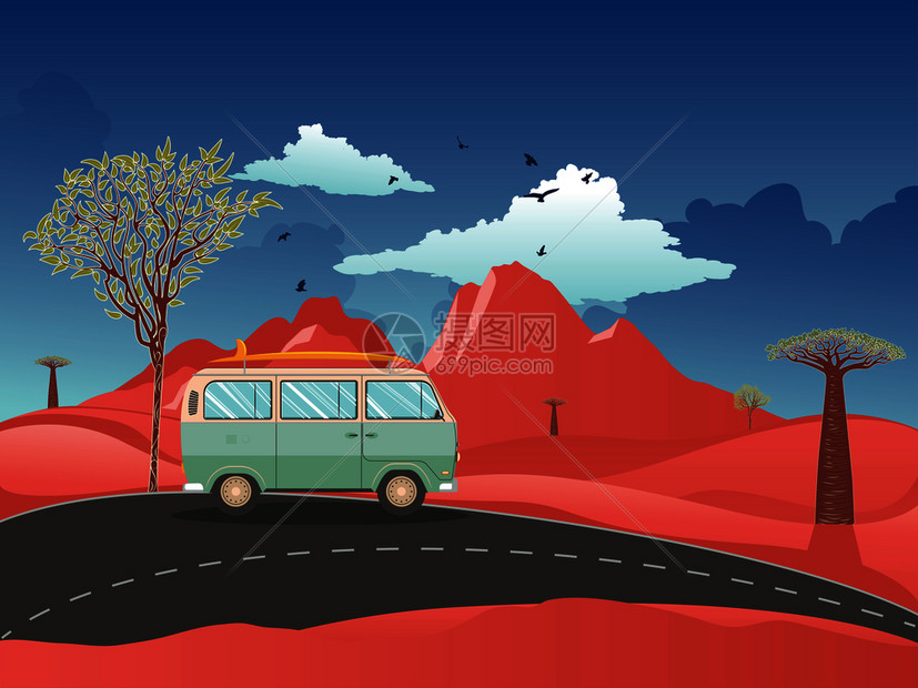 绿色面包车穿过红色沙漠地带图片