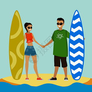 假期手拿冲浪板的男女矢量插图图片