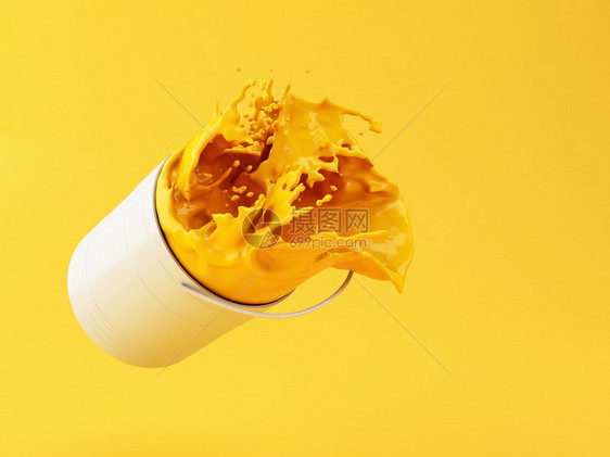 3个插图黄色涂料从罐子里喷出黄色背景图片