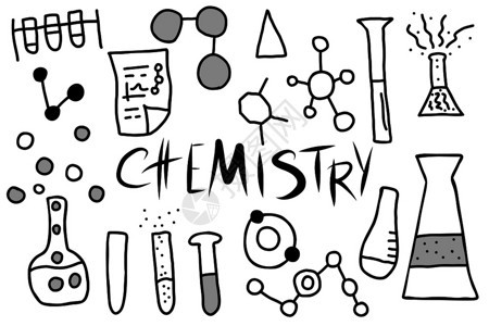 以涂鸦样式的化学字母和物体在白色背景上隔离的科学研究符号矢量说明图片